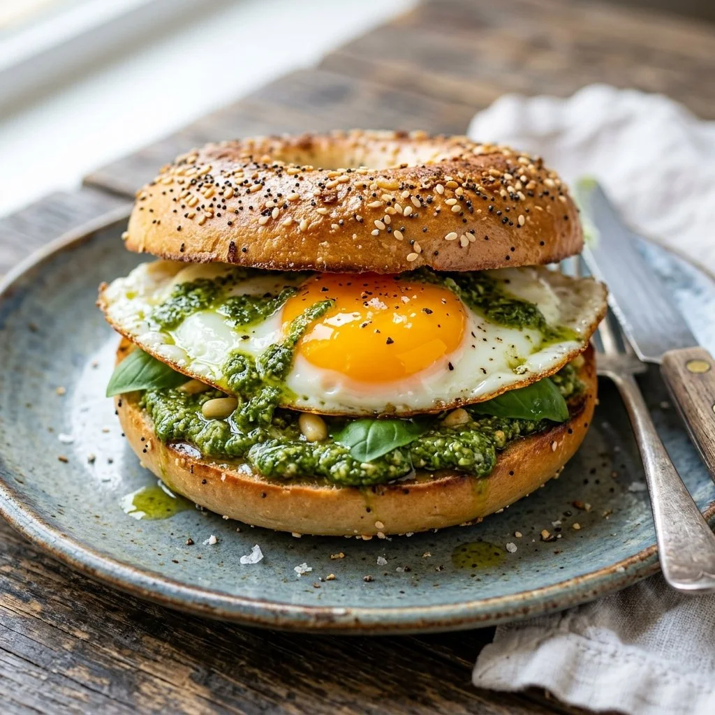 Pesto egg bagel sandwich with fresh ingredients on a plate