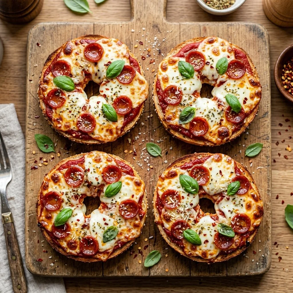 Tasty pizza bagels topped with cheese and pepperoni