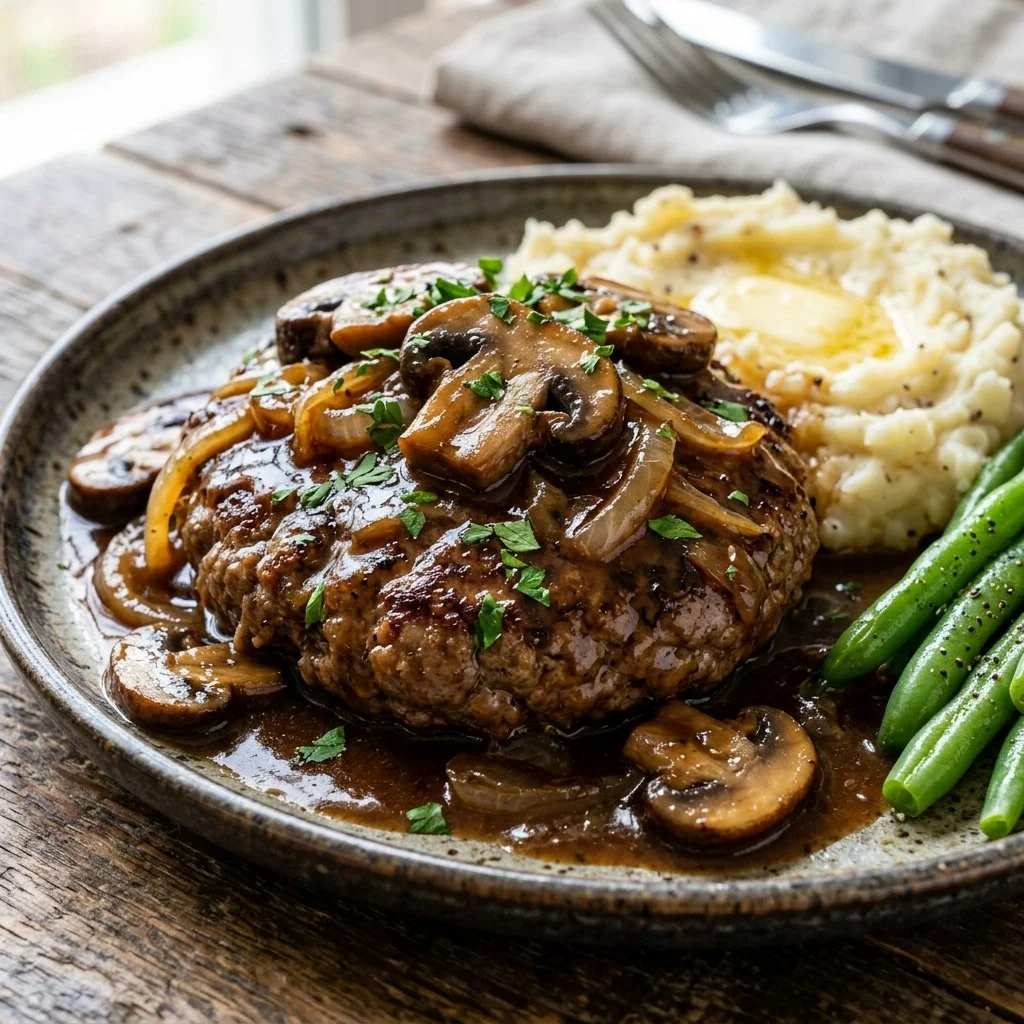 Delicious Salisbury Steak served with gravy and vegetables on a plate.