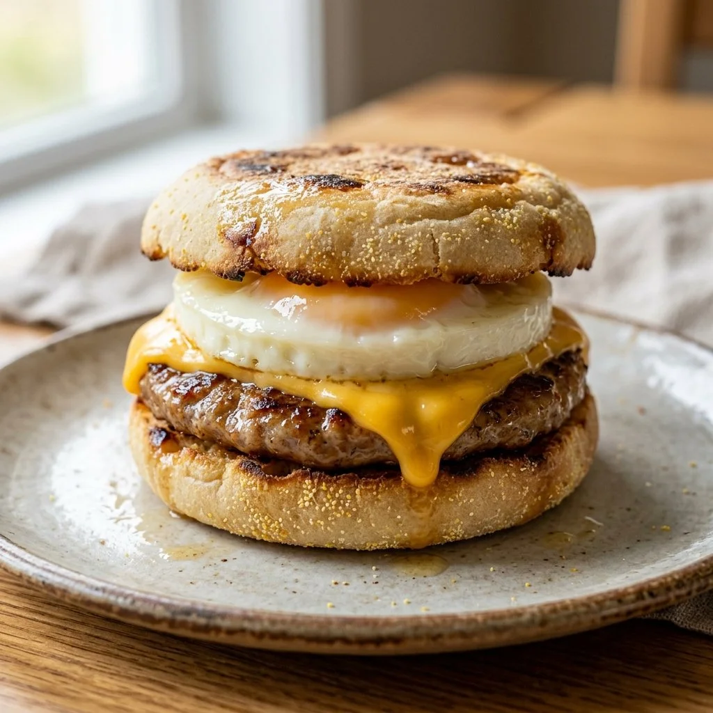 Delicious Sausage and Egg McMuffin sandwich on a plate