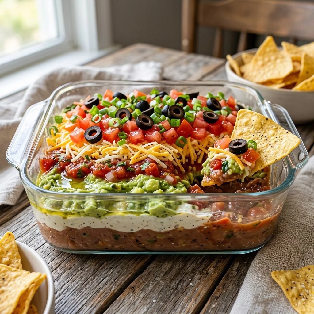 A delicious Seven Layer Dip served in a colorful platter with tortilla chips