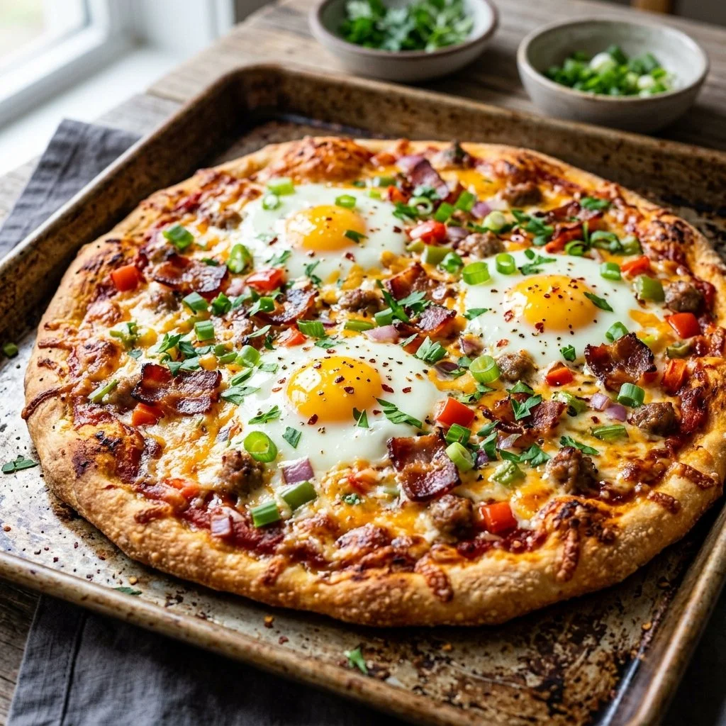 Delicious sheet pan breakfast pizza with eggs, cheese, and toppings