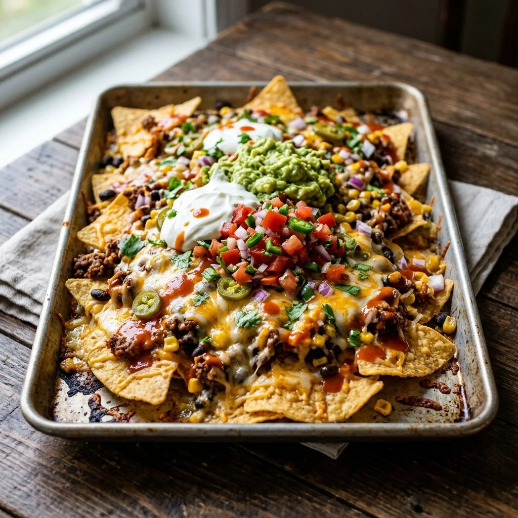 Delicious Sheet Pan Nachos topped with cheese, jalapeños, and salsa