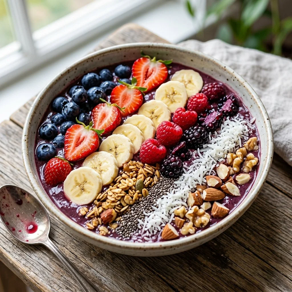 Colorful smoothie bowl topped with fresh fruits and granola