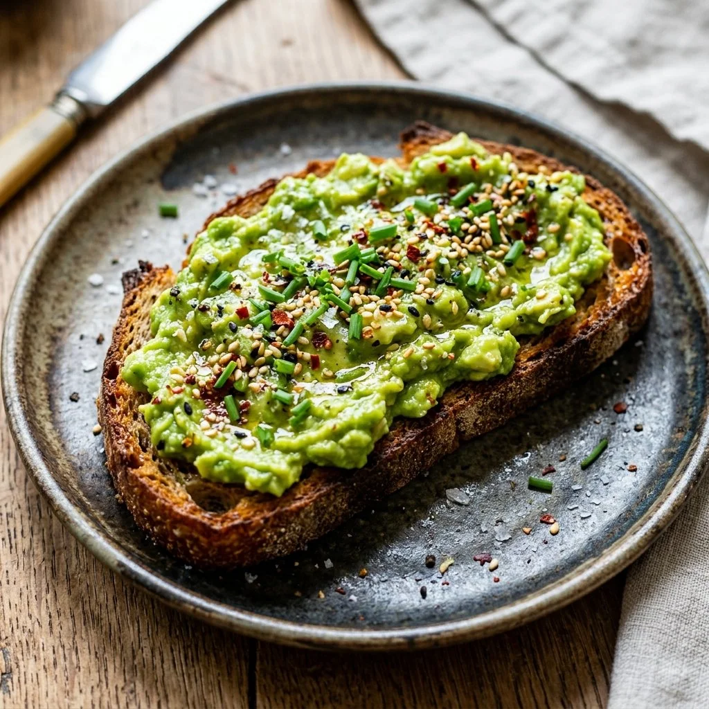 Sourdough avocado toast topped with fresh avocado and spices