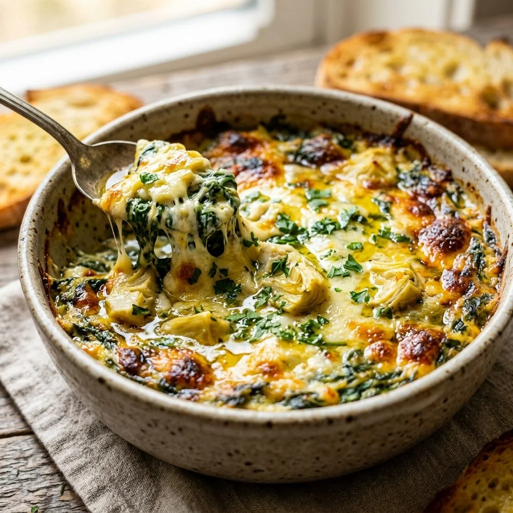 Delicious spinach artichoke dip served in a bowl with pita chips.