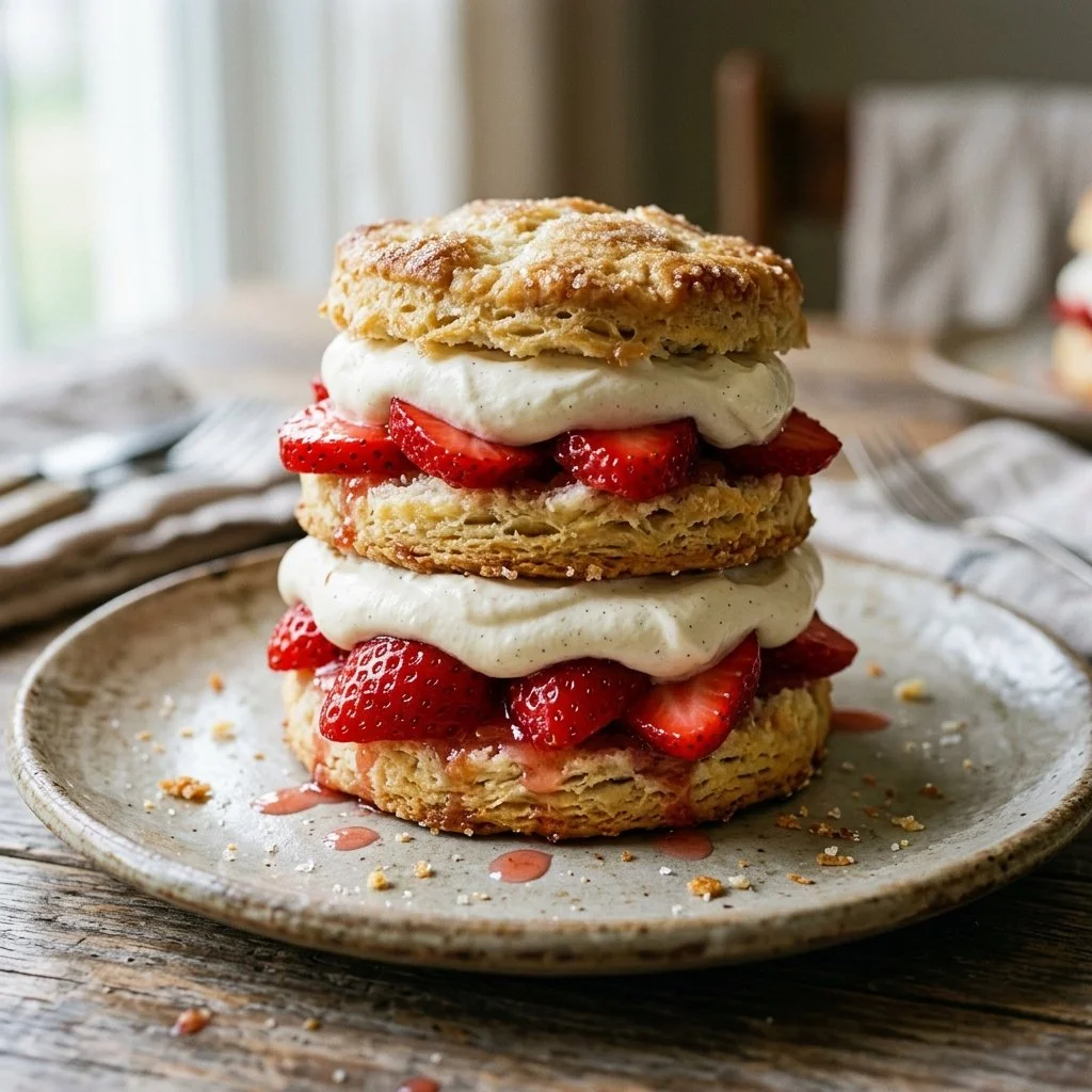 Strawberry shortcake biscuits layered with fresh strawberries and whipped cream
