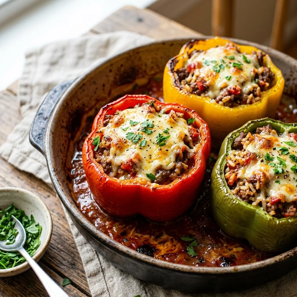 Colorful stuffed bell peppers filled with meat, rice, and spices