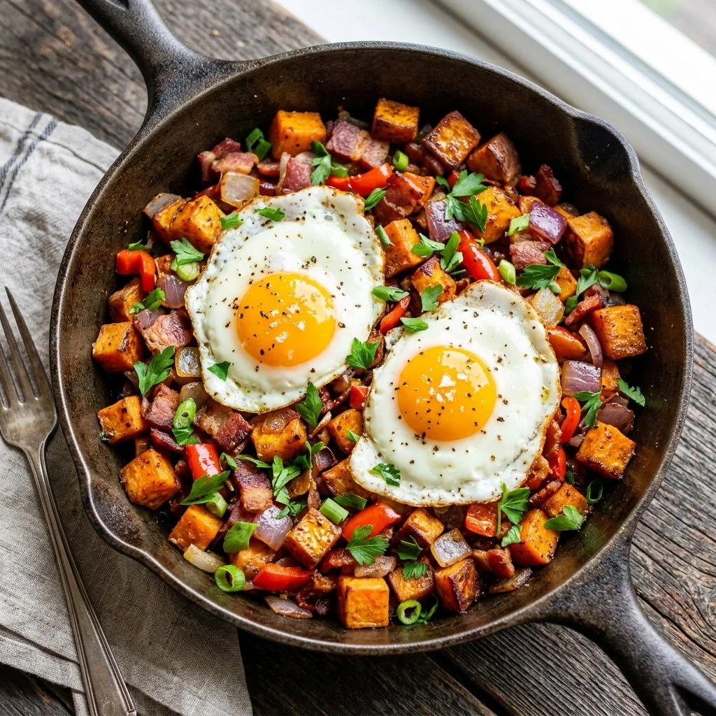 Delicious sweet potato breakfast hash served in a bowl with fresh herbs.