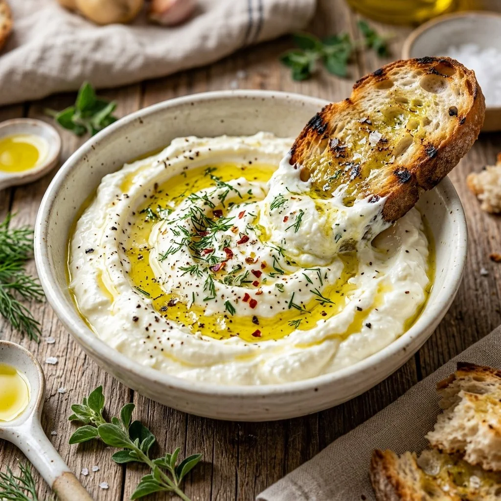 Delicious whipped feta dip served in a bowl with fresh herbs
