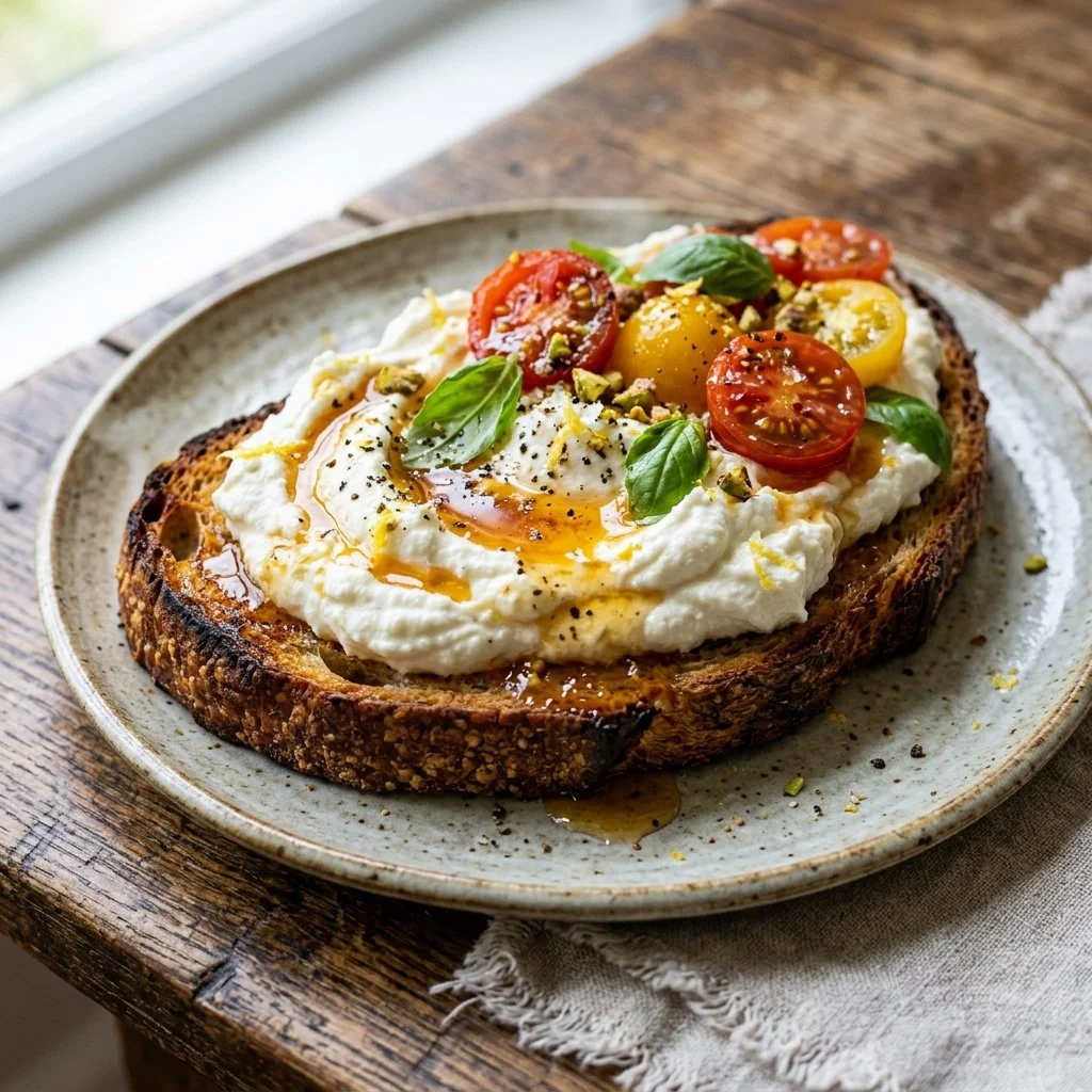 Delicious whipped ricotta toast topped with fresh herbs and cherry tomatoes