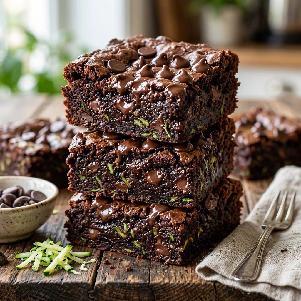 Delicious zucchini chocolate chip brownies on a plate